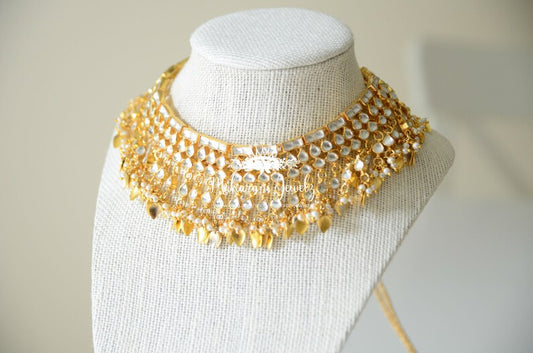 Farhana Bridal Gold Leaf Necklace set with 24k gold plating and authentic kundan work